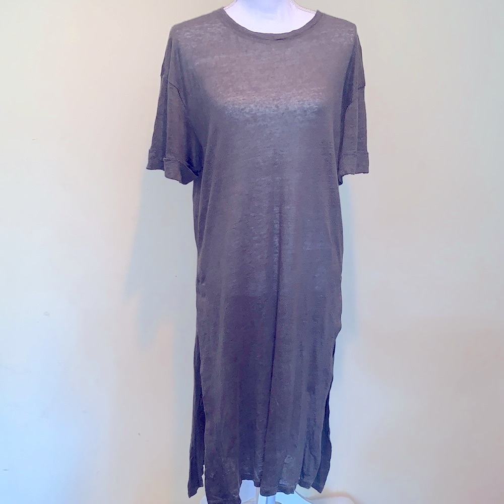 WOOLRICH Italian Linen Tunic Dress Olive Green Natural Fabric Lagenlook Midi